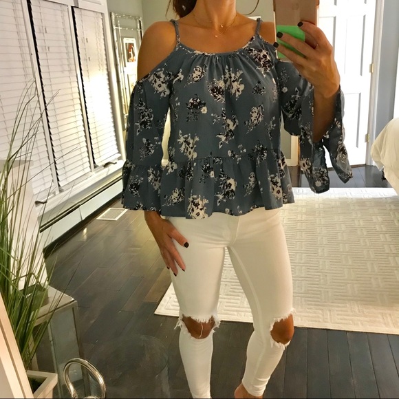 Lulus Tops - Lulu’s blue white floral cold shoulder shirt  XS